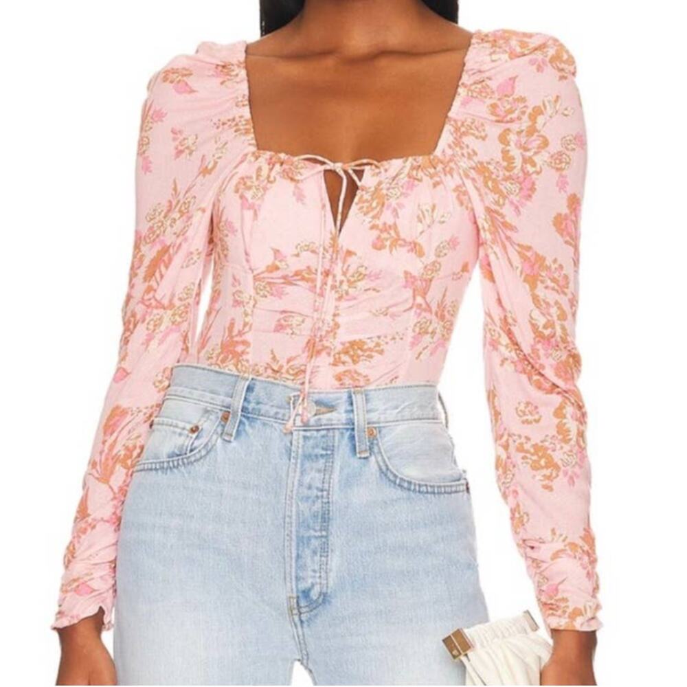 Free People Hilary Floral Cottagecore Ruched Top Medium Pink Combo Coquette